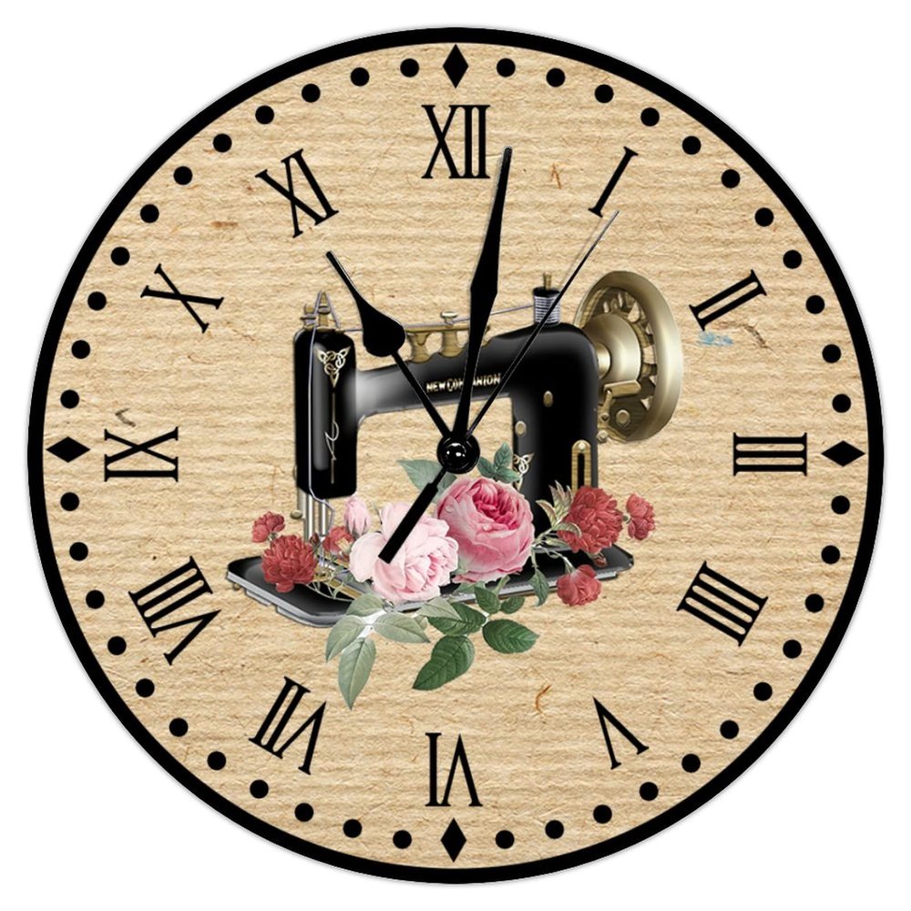Flower Sewing Machine Wood Wall Clock 15inch Craft Room Decor Wall Clock Seamstress Sewing Lovers Gift Wall Clocks Retro Rustic Style Quality Quartz Silent Hanging Wall Clocks for Laundry Room