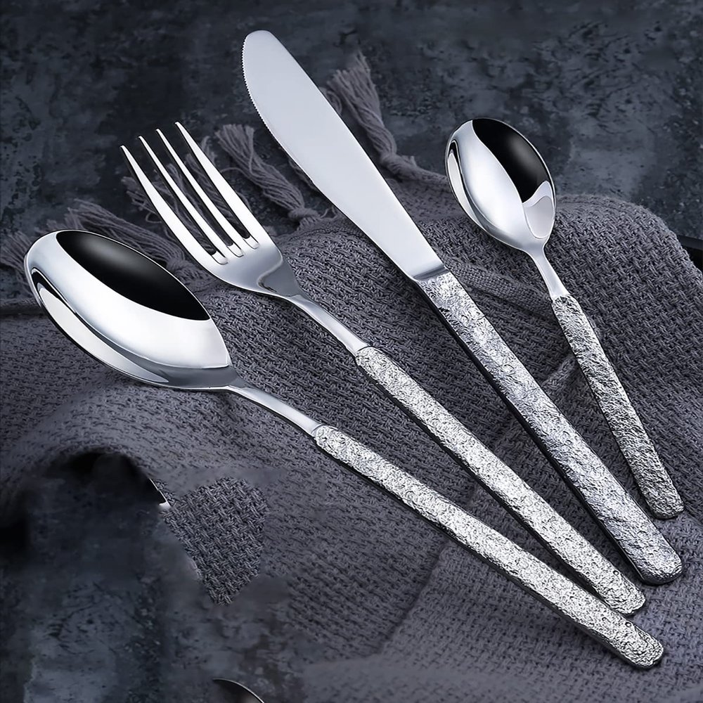 IKXO 48-Piece Silverware Set for 12, Unique Premium 18/10 Stainless Steel Flatware Cutlery Set, Include Fork Spoon Knife Set, Durable Home Kitchen SilverwareStone Pattern