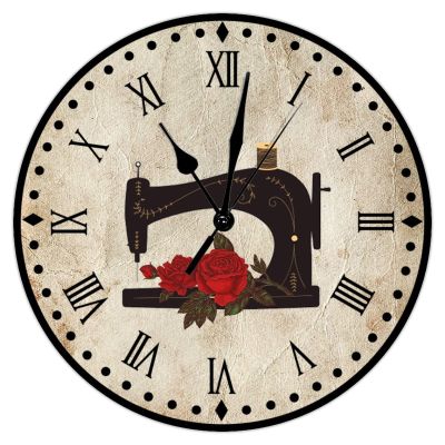 Swavecat Flower Sewing Machine Wood Wall Clock Silent Wood Wall Clocks Home Decor Sewing Room Wall Clocks Craft Room Decor Wall Clocks Tuscan Country Style 12inch Round Clock for Dinning Living Room