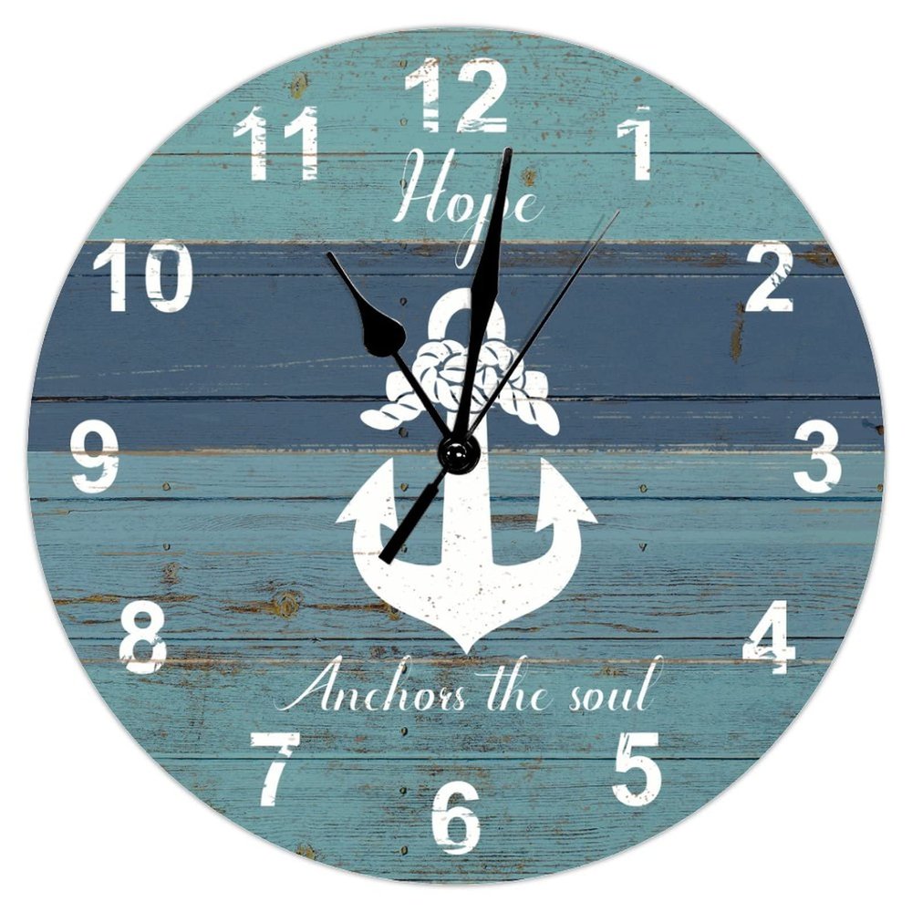 Hope Anchor The Soul Teal Blue Anchor Wall Clock Anchor Beach Decor Sailboat Nautical Art Clock Farmhouse Beach 12inch Round Clock Battery Operated Quartz Silent Clocks for Home Office School