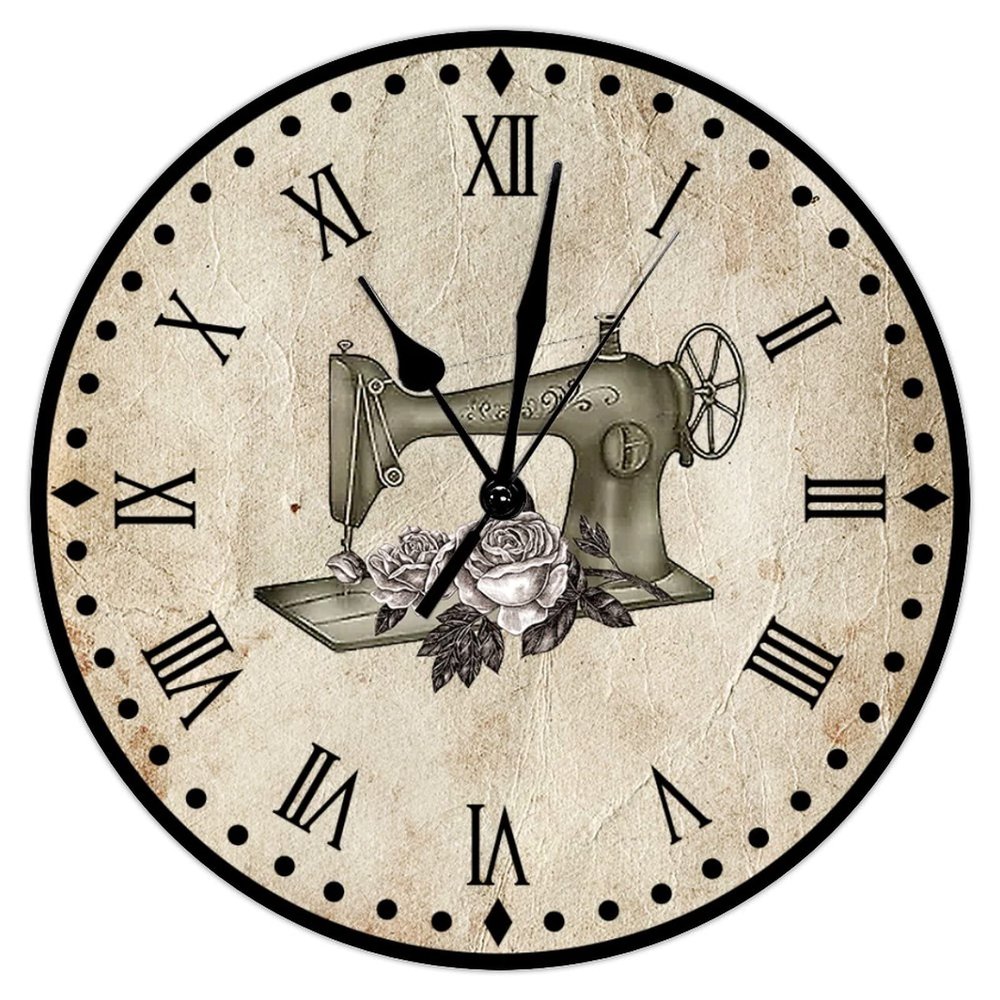 Swavecat Sewing Machine Art Clock Non Ticking Operated Wooden Decorative Wall Clocks Dressmaker Sewing Room Wall Clocks Craft Room Decor Clocks Rustic 15inch Round Clock for Kitchen Bedroom Office