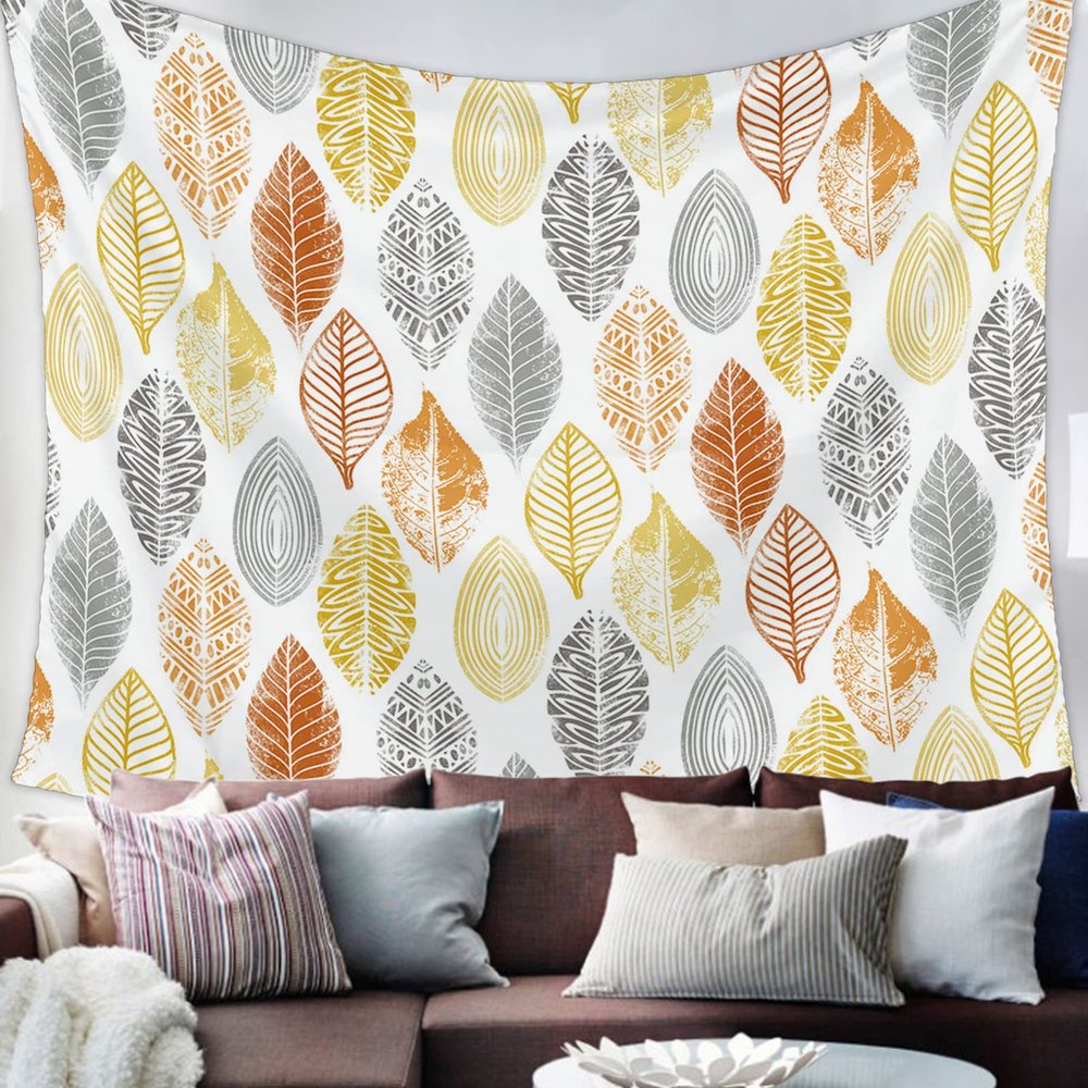 Savannan Wall Tapestry - Leaves Geometric Leaf Print Bohemian Yellow Orange Gray Tapestry Wall Hanging Wall Art Home Decor for Bedroom, Living Room, Dorm, 51"X59"