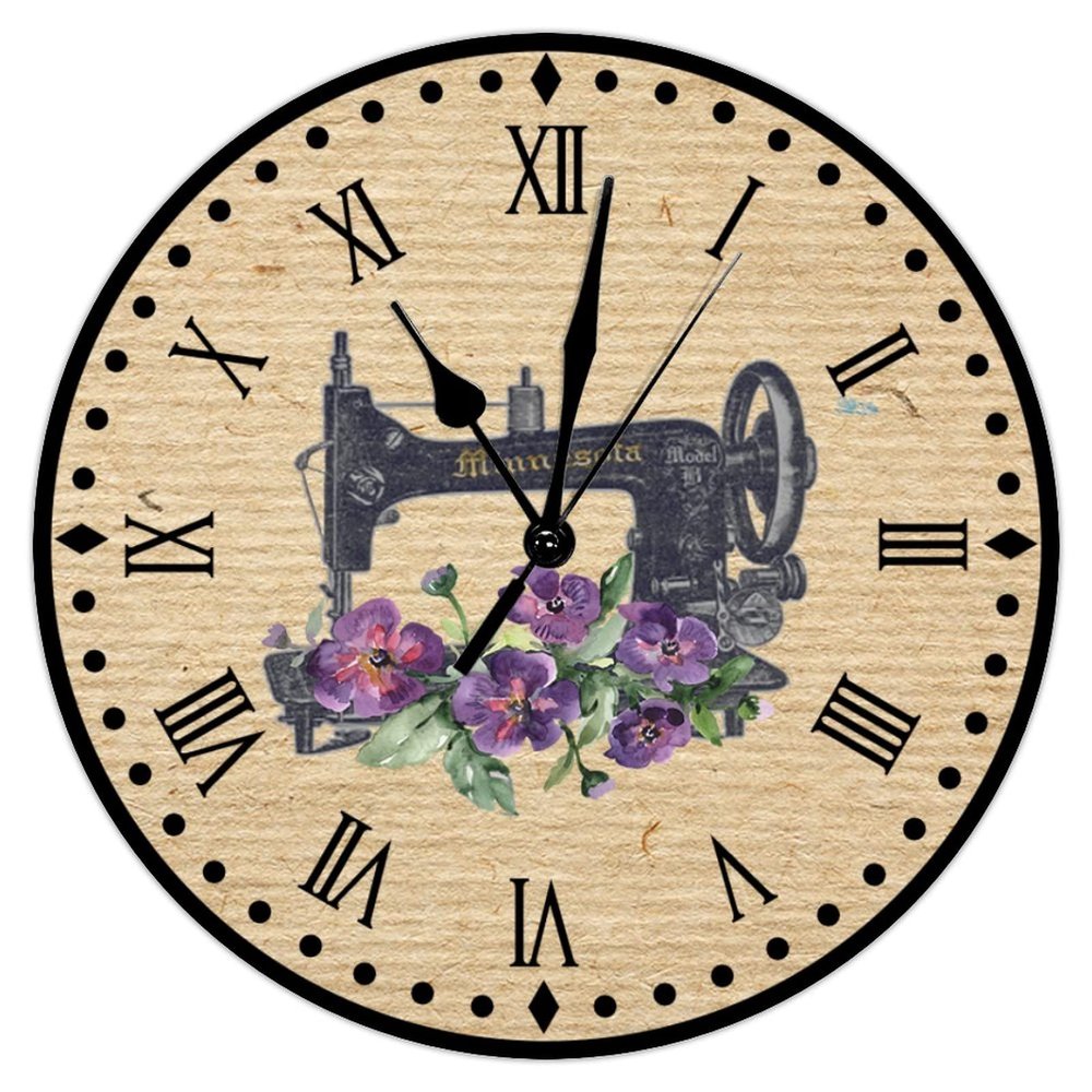 Swavecat Flower Sewing Machine Clocks Craft Room Decor Hanging Wall Clock Tailor Sewing Room Wall Clock Farmhouse 15inch Round Clock Non Ticking Operated Hanging Wall Clocks for Bathroom Bedroom