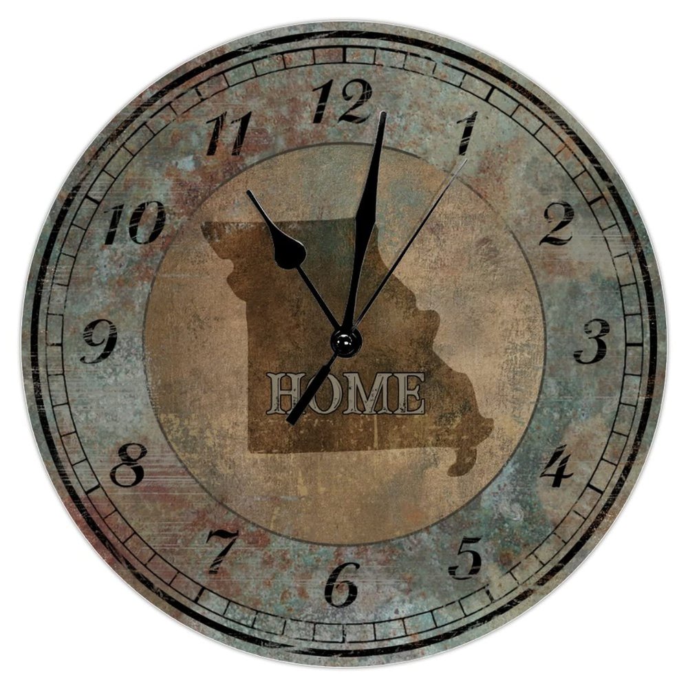 Missouri State Home Clock American State Vintage Shabby Art Clock Rustic 15inch Round Clock Battery Operated Silent Wood Wall Clocks for Dinning Living Room Birthday Housewarming Gift