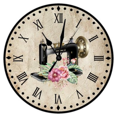 Flower Sewing Machine Wood Wall Clock Quality Quartz Silent Wood Wall Clocks Tailor Sewing Lovers Gift Wall Clocks Craft Room Decor Clock Farmhouse Wall Decor 12inch Round Clock for Living Room