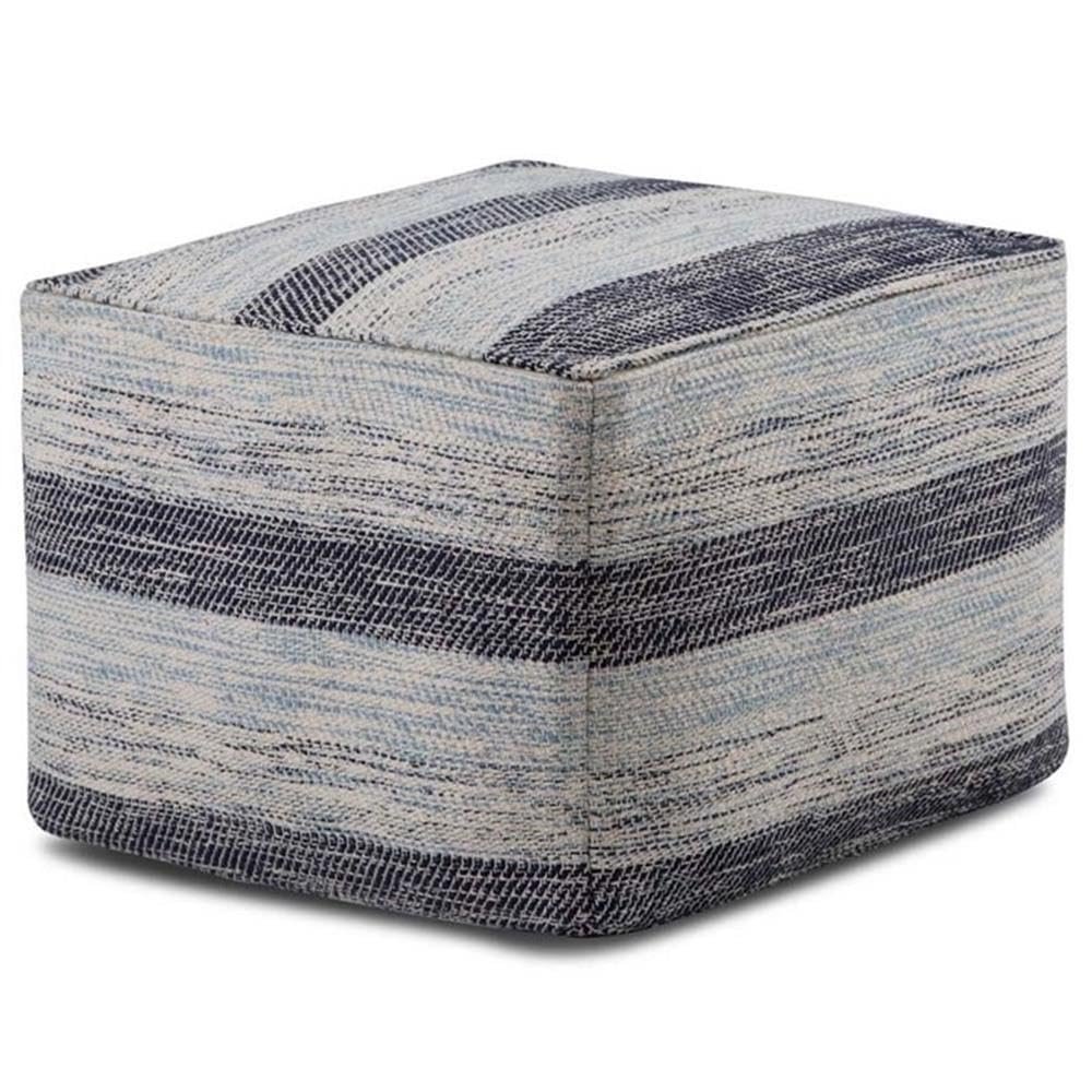 Trent Home Boho Square Pouf, 18 x 18 in, Handwoven Cotton, Patterned Blue Melange, Multi-Functional Ottoman or Footstool, Compact Indoor Seating for Living Room or Bedroom