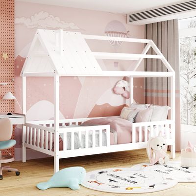 Twin Size Wood House Bed with Fence, Roof and Chimney, Designed for Kids, Teens, Girls & Boys, Can Be Decorated, Easy Assembly (White-@3)