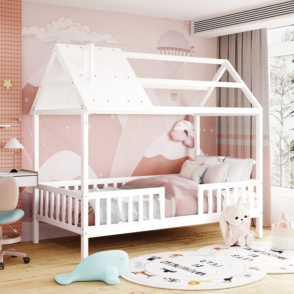 Twin Size Wood House Bed with Fence, Roof and Chimney, Designed for Kids, Teens, Girls & Boys, Can Be Decorated, Easy Assembly (White-@3)
