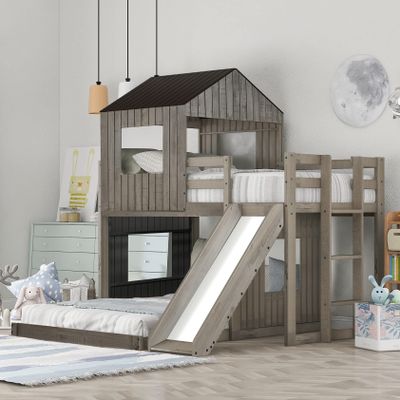 Twin Over Full Bunk Bed Frames with Slide, Safety Guardrails and Ladder for Teens, Girl or Boys, House Shape, Antique Gray
