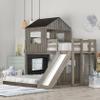 Twin Over Full Bunk Bed Frames with Slide, Safety Guardrails and Ladder for Teens, Girl or Boys, House Shape, Antique Gray view 1