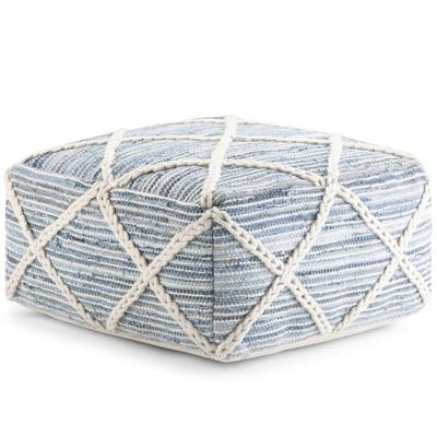 Trent Home Boho Square Pouf, 20.1 in W x 20.1 in D x 10.2 in H, Handwoven Wool and Cotton, Blue and Natural Finish, Diamond Stitching, Versatile Footrest or Extra Seating for Living Room or Bedroom