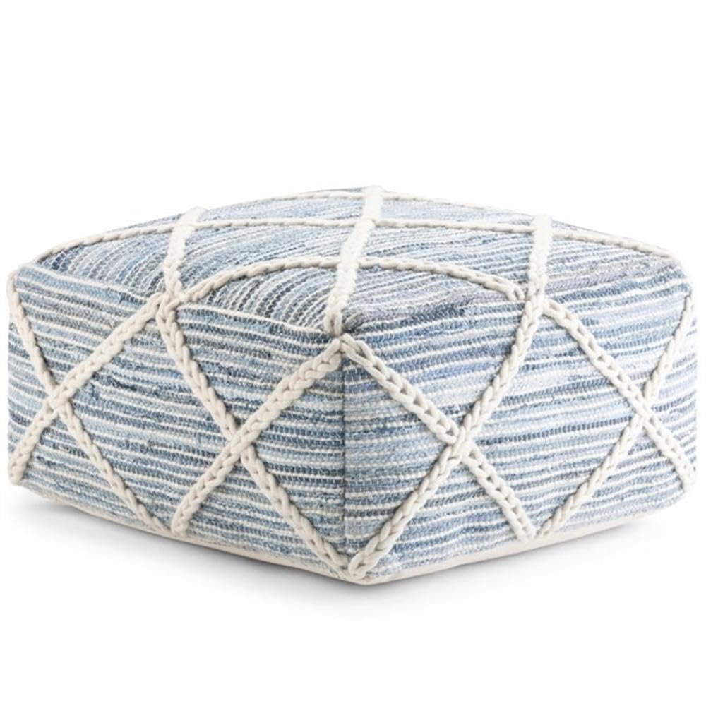 Trent Home Boho Square Pouf, 20.1 in W x 20.1 in D x 10.2 in H, Handwoven Wool and Cotton, Blue and Natural Finish, Diamond Stitching, Versatile Footrest or Extra Seating for Living Room or Bedroom