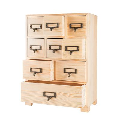 PACKGILO Apothecary Cabinet with 9 Drawers & Labels Rustic Library Card Catalog Cabinet Desktop Wooden Storage Box for Organize HerbalTea BagJewelry (Wood)