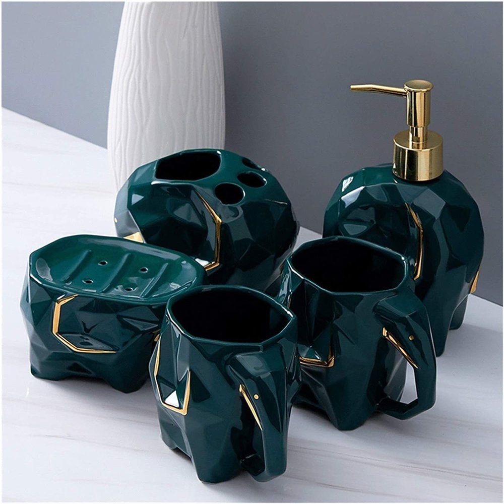 Ceramic,Soap Dispenser Bottle with Pump,Soap Dispenser Bottle Bathroom Accessory Set,Geometric Cute Elephant Soap Dispenser For Liquid Soap Or Lotion Lotion Pump Bottle (Color : 5-piece bathroom set A