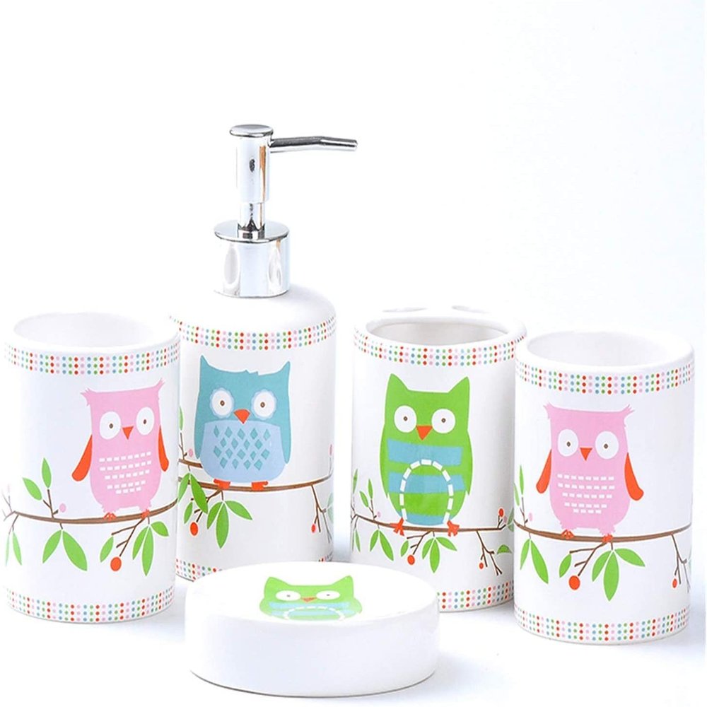 Ceramic,Simple Style,Soap Dispenser Bottle Cute Owl Bathroom Accessories Set 5/6-Piece Bathroom Accessory Set Ceramic Soap Dispenser for Children's Bathroom Gift 13.5oz Lotion Pump Bottle (Color : 6-