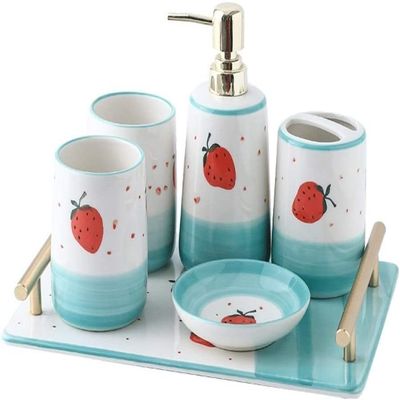 Ceramic,Soap Dispenser Bottle with Pump,Soap Dispenser Bottle Bathroom Accessory Set Ceramic 6 Piece Bathroom Set Features Soap Dispenser, Etc, Strawberry Pattern Hand Lotion Pump Bottle