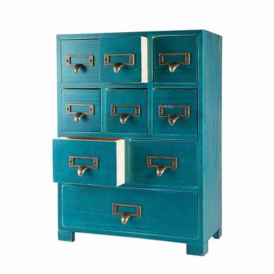 PACKGILO Apothecary Cabinet with 9 Drawers & Labels Rustic Library Card Catalog Cabinet Desktop Wooden Storage Box for Organize HerbalTea BagJewelry (Blue)