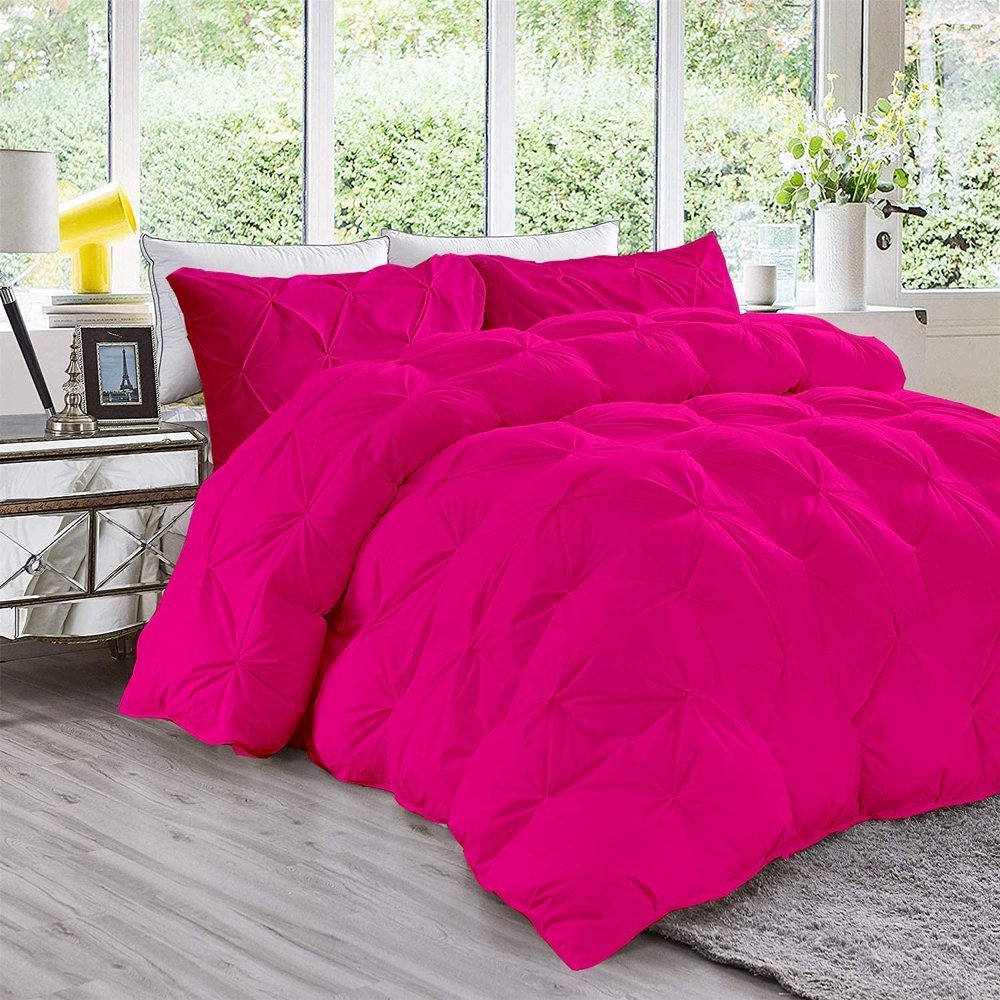 100% Egyptian Cotton 3 Piece Pinch Pleat Comforter Set All-Season Duvet Insert with 4 Side Corner Tabs Eastern King Size- Hot Pink Comforters 500 GSM Fill Power Pintuck Comforter with 4 Shams