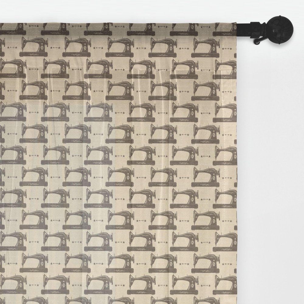 Ambesonne Hobby Tulle Curtains with Rod Pocket, Sewing Machine Patterns with Star Shapes Tailoring Objects Dressmaking Tools, Sheer Drape for Wedding Party 2 Panels, 108" x 72", Beige and Taupe
