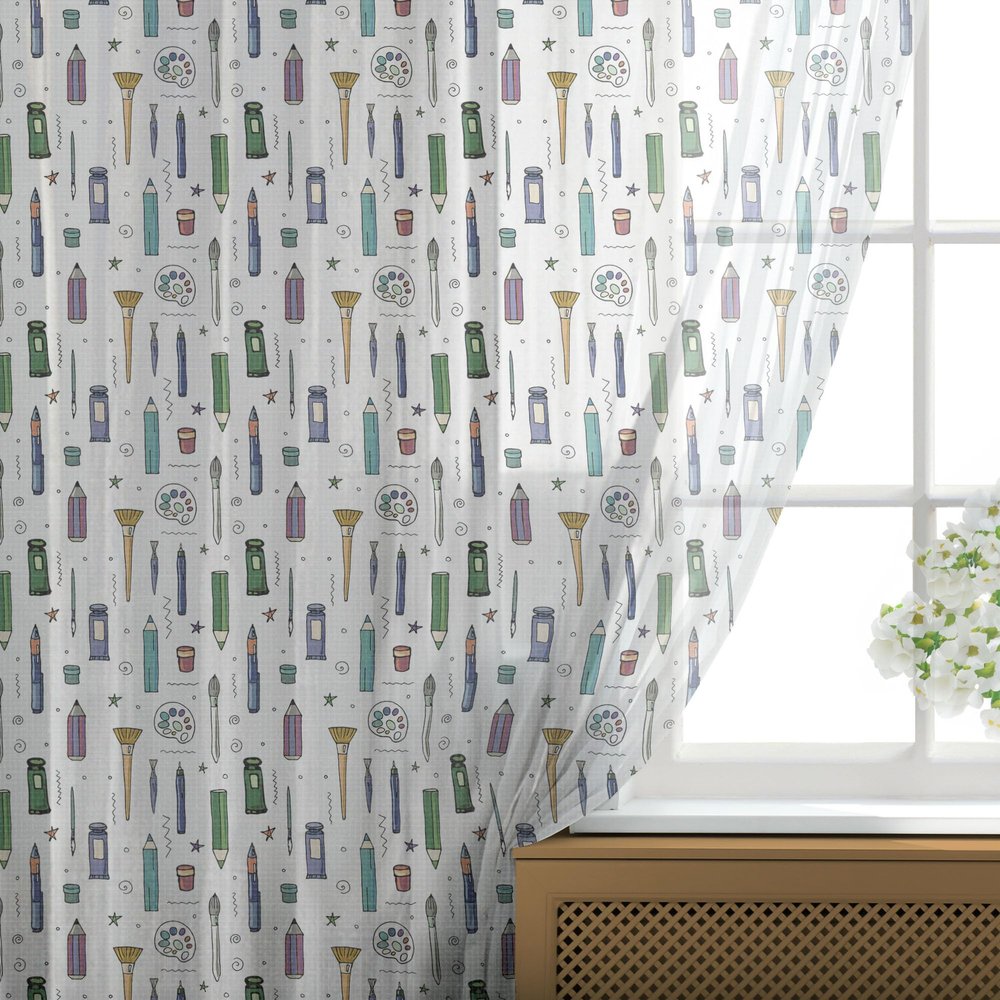 Ambesonne Hobby Tulle Curtains with Rod Pocket, Various Colorful Drawing Tools Paint Brush Pen Color Palette and Sketches, Sheer Drape for Wedding Party 2 Panels, 108" x 108", White and Multicolor