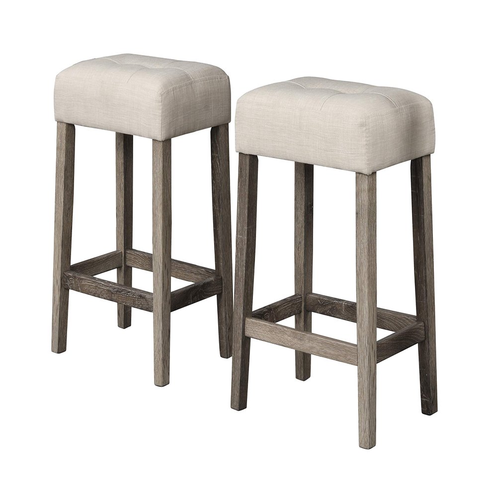 Best Master Furniture Cooper 24" Transitional Bar Height Stools, Backless Counter Seating with Upholstered Linen Fabric Cushion, Space-Saving Design, Set of 2, Antique Oak