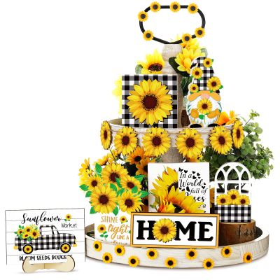 12 Pcs Sunflower Tiered Tray Decor Sunflower Decorations for Home Farmhouse Tray Set Rustic Summer Flower Table Top Centerpiece for Home Farmhouse Rustic Kitchen