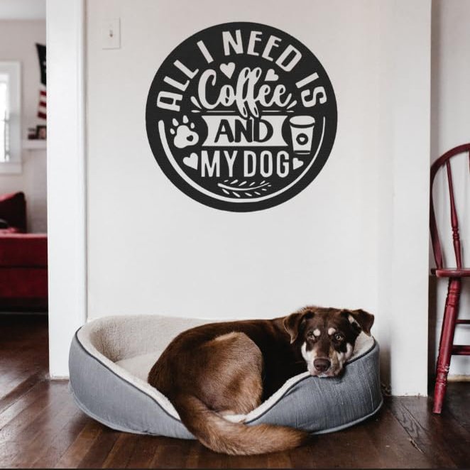 Badger Steel USA - All I Need is Coffee and My Dog - Metal Wall Art - 18" X 18" - Black