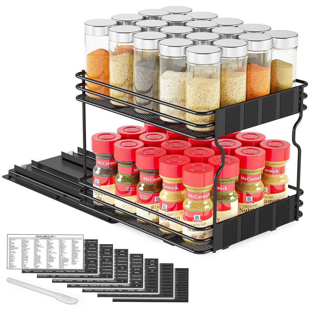SpaceAid Pull Out Spice Rack Organizer for Cabinet, Heavy Duty Slide Out Seasoning Kitchen Organizer, Cabinet Organizer, with Labels, 8.5" W x10.75 D x8.5 H, 1 Drawer 2-Tier