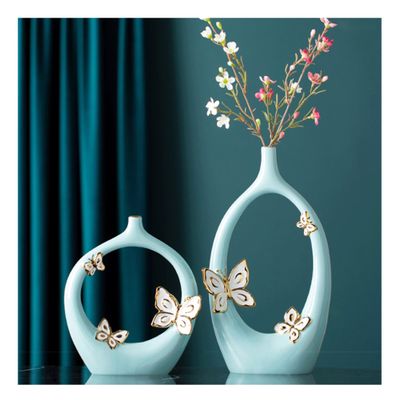 Ceramics Vases Set of 2, Unique Flower Vase for Home Decor, Modern Hollow Geometric Vase for Flower, Handmade Oval Vase for Pampas Grass Branches, Centrepieces Vases for Home Living Room