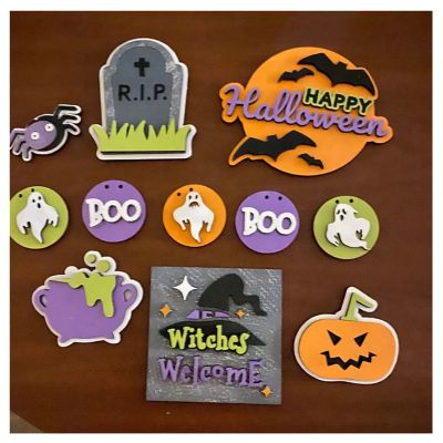 3pcs Halloween White Wooden Ghost Ornament Funny Halloween Tiered Tray Decorations Ghost Theme Halloween Wood Tabletop Decor for Home Kitchen Shelf (Colorful)