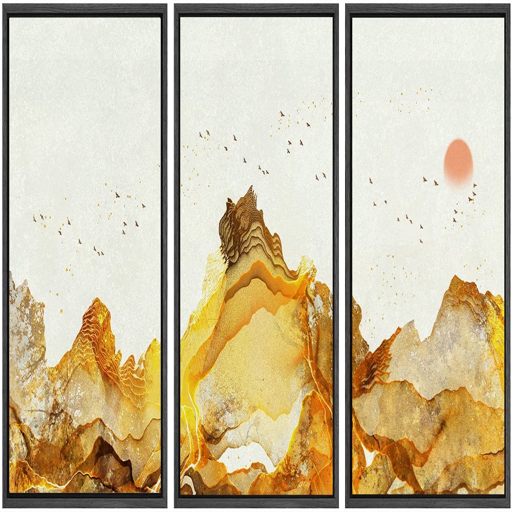 SIGNWIN Framed Canvas Print Wall Art Vibrant Golden Smoke Wave Bird Sky Landscape Abstract Shapes Illustrations Minimalism Decorative Relax/Calm for Living Room, Bedroom, Office - 16"x24"x3 Black