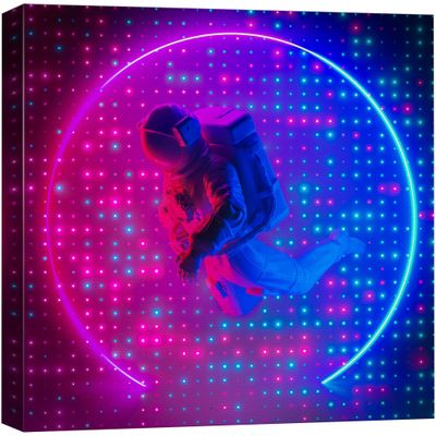 wall26 Canvas Print Wall Art Vibrant Retro Neon Light Astronaut Galaxy Astronomy & Space Fantasy & Sci-Fi Digital Art Pop Art Decorative Futuristic Cool for Living Room, Bedroom, Office - 12"x12"