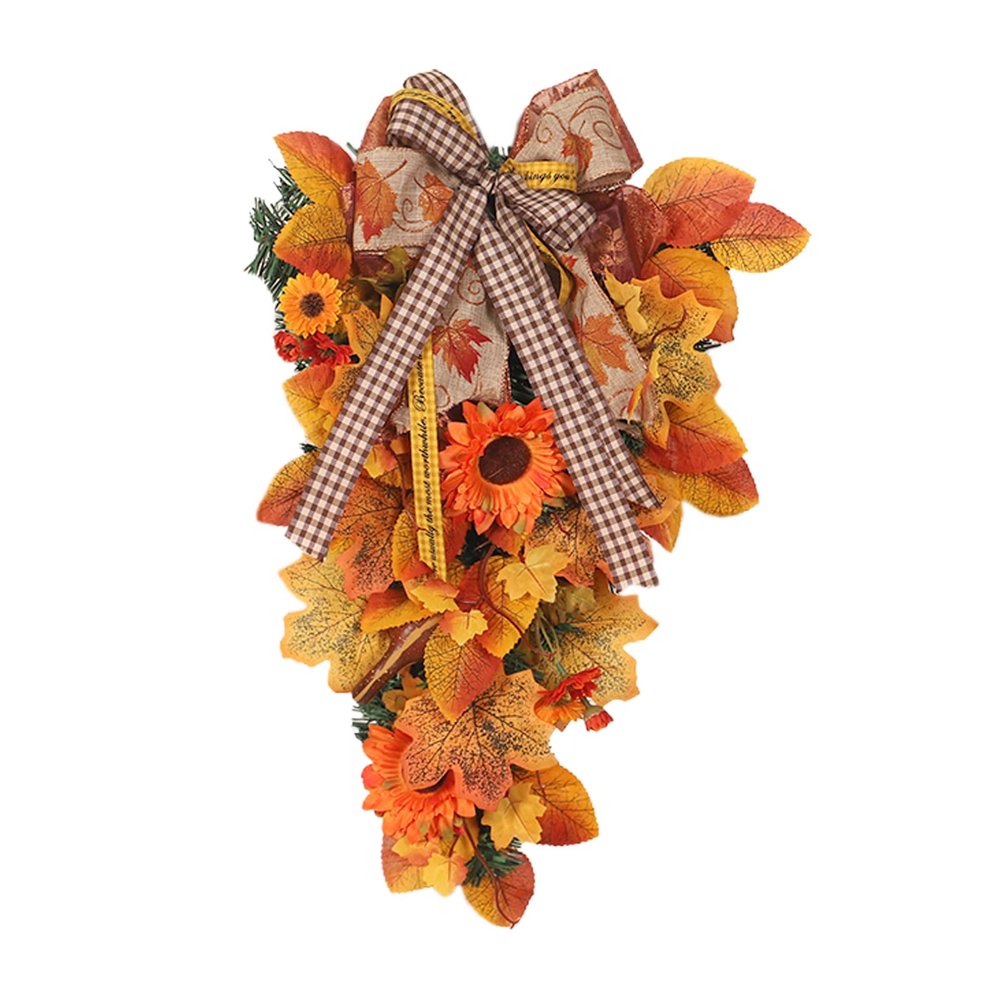 Fall Swag Thanksgiving Wreaths for Front Door, 19.7 Inch Fall Maple Swag, Autumn Sunflower Swag Front Door Swag with Fall Daisy Flower Ribbon, Harvest Swag for Autumn Decor, Without Lights