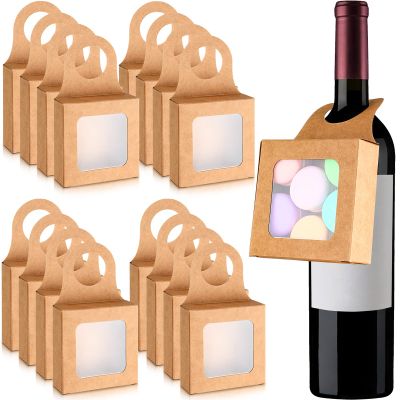 Crtiin 25 Count Kraft Paper Wine Bottle Boxes Small Hanging Gift Boxes with Window for Empty Wine Bottles, Decoration and Gifts(3.5 x 3.5 x 1.2 Inches,Kraft Color)