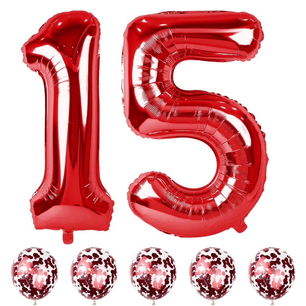 40 Inch 15 Foil Balloons - Number 15 Large Red Helium Balloons with Confetti, Self Inflating for Girls Boys Women Anniversary Party Decorations