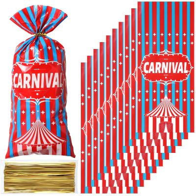 Epakh 100 Packs Carnival Candy Bags Circus-themed Plastic Party Treat Bags with Popcorn Pattern and Gold Twisted Ties for Carnival Birthday Party Favors, Cookies, and Cupcakes (Cute)