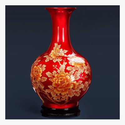 Ceramics Vase Jingdezhen RedOriental Floral Decoration VaseUnique Flower Vase for Home Decor, Handmade Sculpture Ceramic Vase for Office Mantel Decoration Centrepieces Wedding