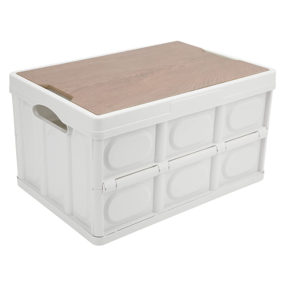 Alomejor 30L Storage Box Crate with Lid Folding Storage Box with Wooden Cover Panel for Home Outdoor(White)