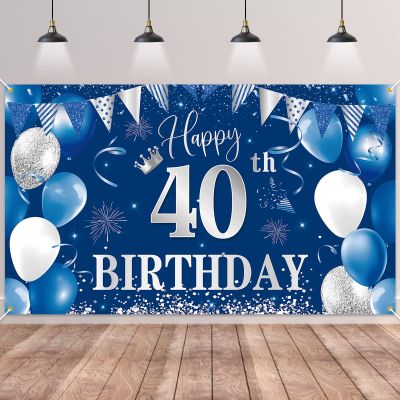 40th Birthday Banner Backdrop,BTZO Happy 40th Birthday Decorations,Blue Silver Fabric Photo Backdrop Background for Men and Women 40th Birthday Party,70.8 x 43.3Inch