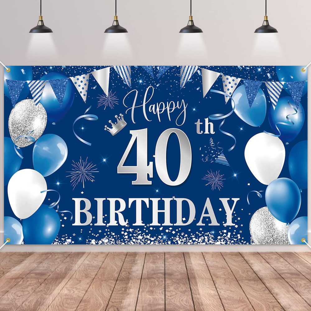 40th Birthday Banner Backdrop,BTZO Happy 40th Birthday Decorations,Blue Silver Fabric Photo Backdrop Background for Men and Women 40th Birthday Party,70.8 x 43.3Inch