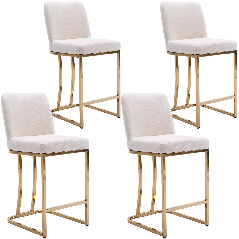 Wahson 24" H Gold Barstools Set of 4, Linen Upholstered Counter Height Stools, Modern Fabric Bar Stools for Kitchen Island/Dining Room, with Golden Metal Frame, Beige