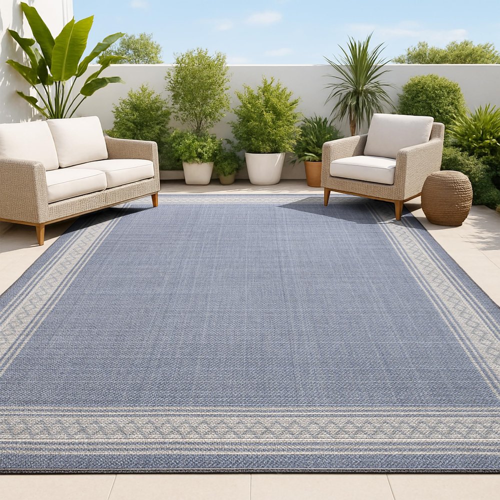 JONATHAN Y Diamond Border Indoor Outdoor Area Rug 3X5 Blue/Cream, Lucia Classic for Backyard, Patio, Porch, Easy-Cleaning, High Traffic, Pet-Friendly, Non-Shedding (SMB207C-3)