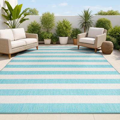 JONATHAN Y Two-Tone Wide Stripe Indoor Outdoor Area Rug 5X8 Aqua/Cream, Negril for Backyard, Patio, Porch, Easy-Cleaning, High Traffic, Pet-Friendly, Non-Shedding (SMB203E-5)