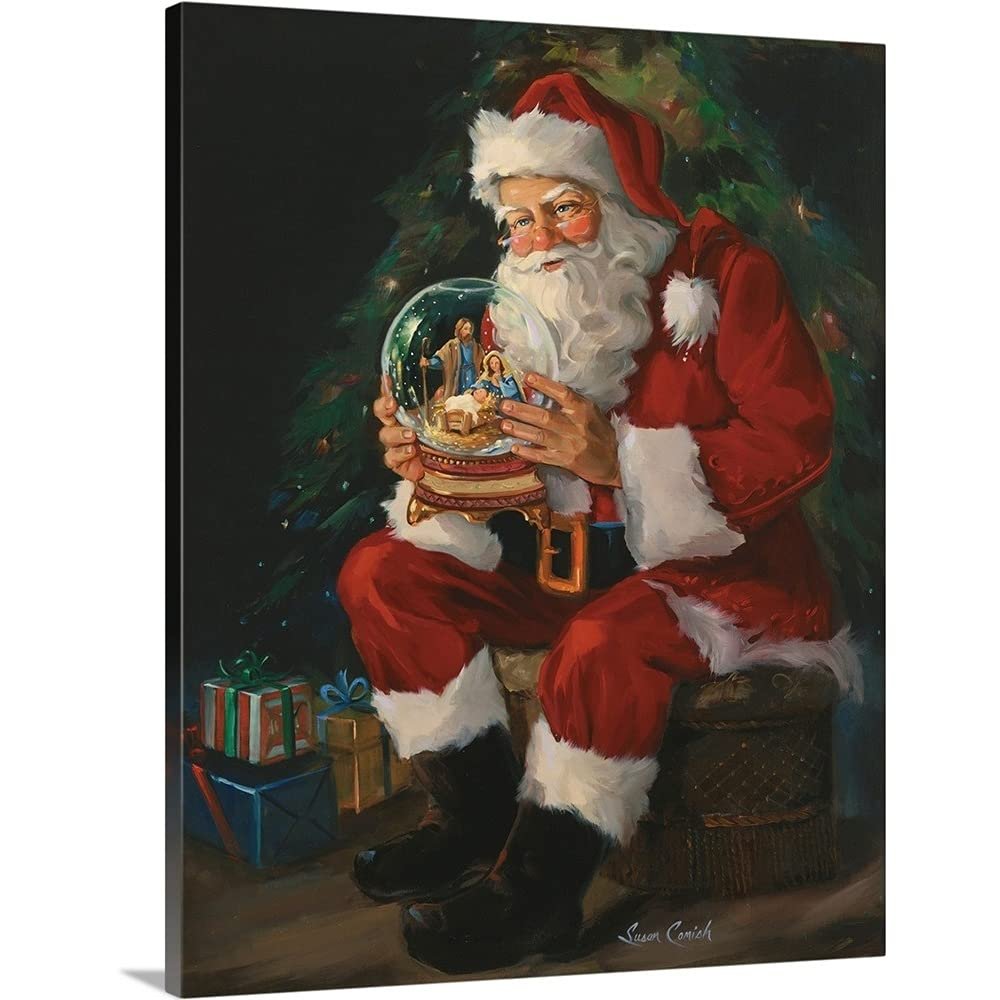 GREATBIGCANVAS Christmas Art - Santa Claus with Nativity Scene Snowglobe, Vibrant Christmas Canvas Wall Art, Artist Grade Canvas Perfect Decor for Religious Homes - 36x45