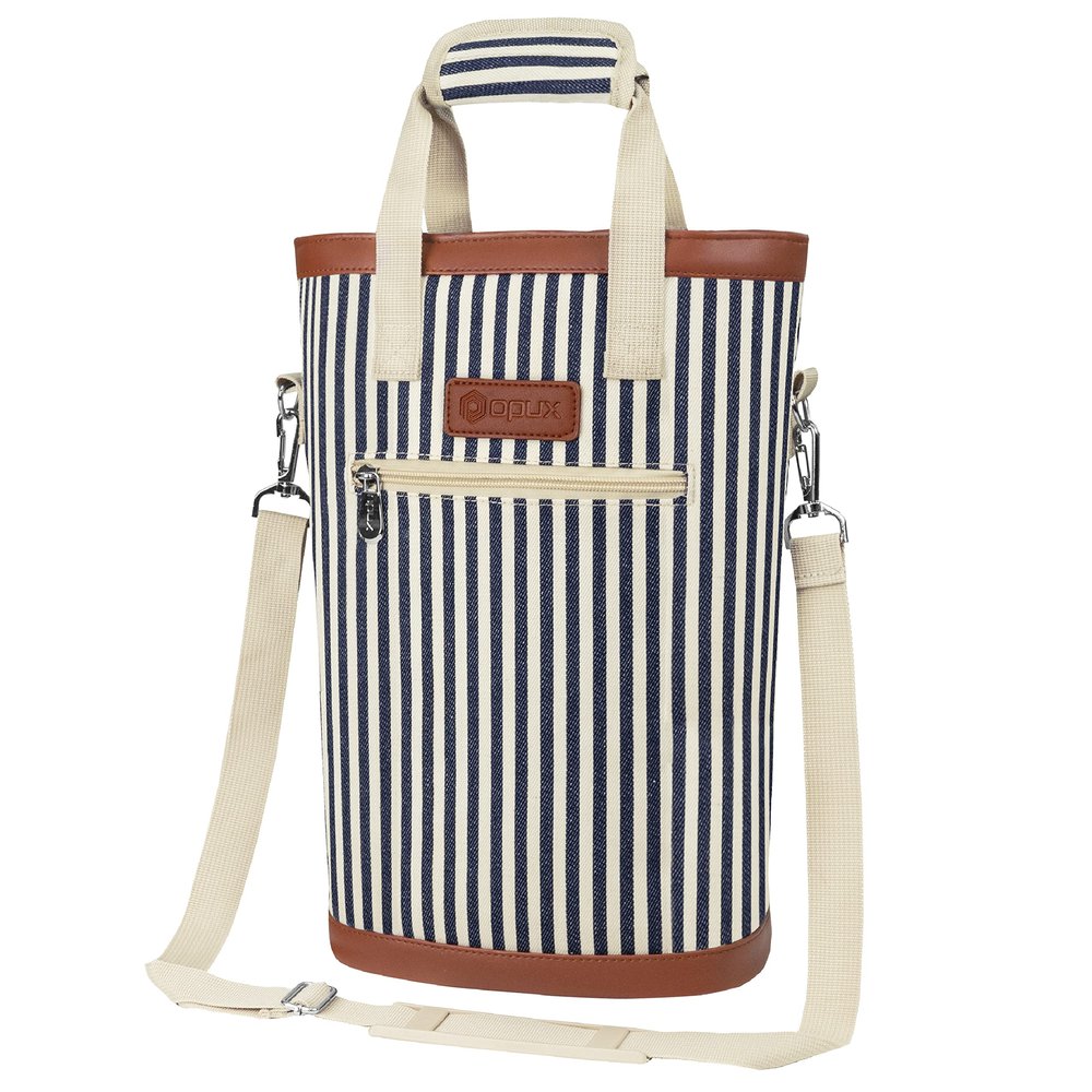 opux 2 Bottle Wine Bag Carrier Insulated Leakproof Wine Cooler Navy Stripes