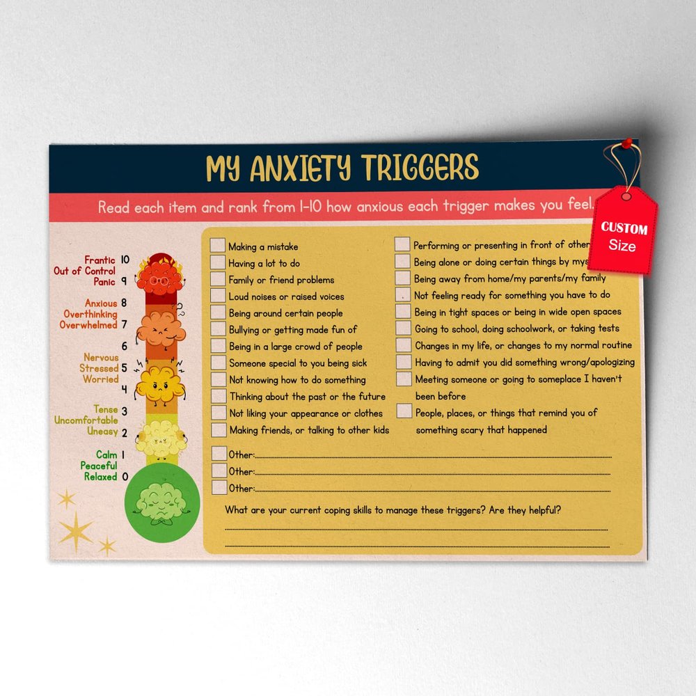 LOLUIS Mental Health Poster, Anxiety Therapy Activities Fillable Worksheet Educational Handout Supplies (Anxiety Triggers with Anxiety Thermometer, 8.5"x11")