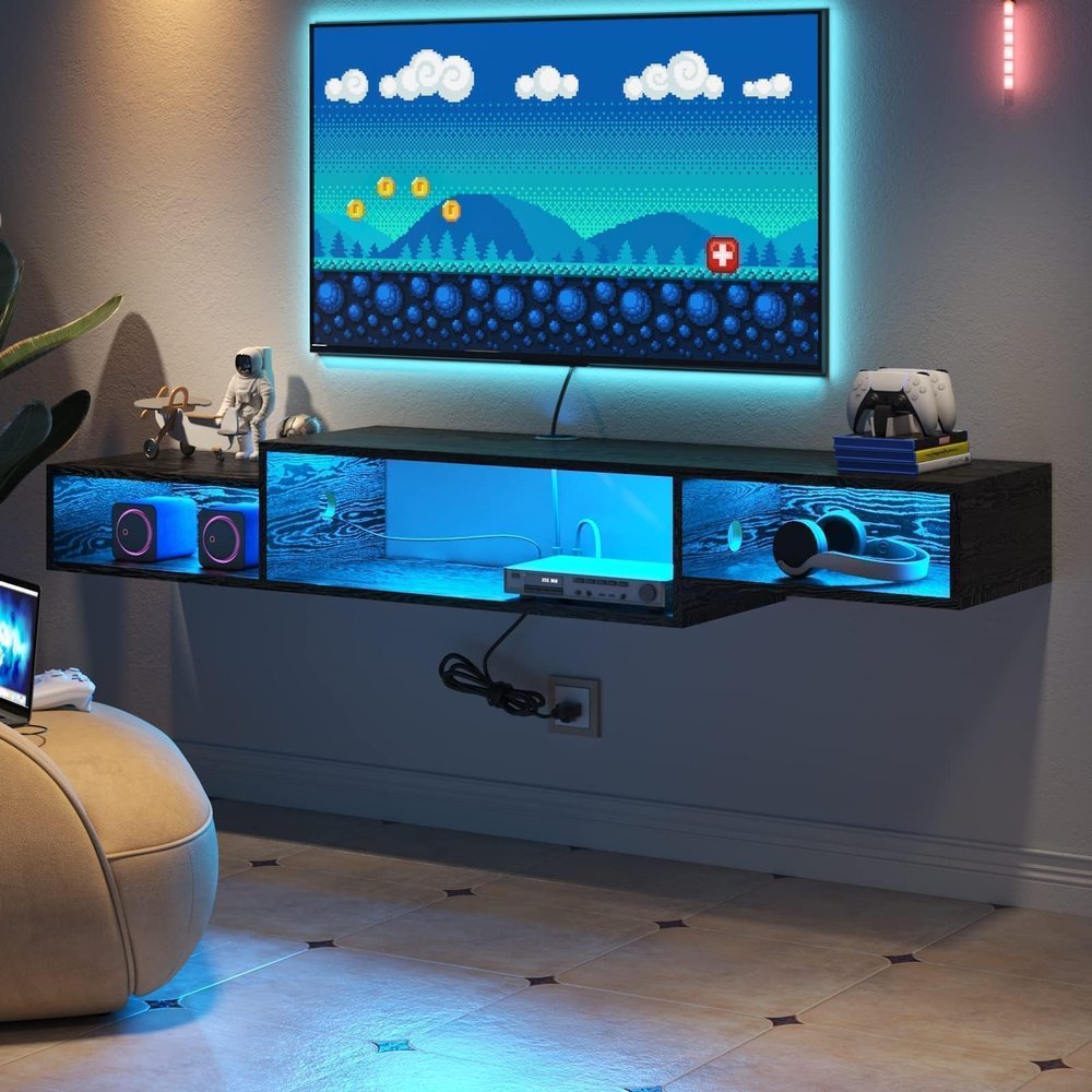 4 EVER WINNER Floating TV Stand with Power Outlet, 59'' Floating TV Shelf with LED Lights and Storage, Floating Entertainment Center Media Console Cabinet for Gaming Box Audio Video, Black