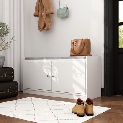 ECACAD 2-Tier Shoe Storage Bench with Cushioned Seat, 2 Doors & 4 Storage Compartments, 35.8" W Wooden Entryway Shoe Rack Bench for Hallway, Bedroom, White and Grey