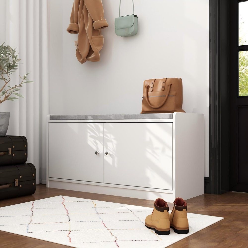 ECACAD 2-Tier Shoe Storage Bench with Cushioned Seat, 2 Doors & 4 Storage Compartments, 35.8" W Wooden Entryway Shoe Rack Bench for Hallway, Bedroom, White and Grey