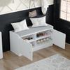ECACAD 2-Tier Shoe Storage Bench with Cushioned Seat, 2 Doors & 4 Storage Compartments, 35.8" W Wooden Entryway Shoe Rack Bench for Hallway, Bedroom, White and Grey view 3